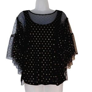 WORTHINGTON Black Gold Polka Dot Sheer Overlay Top Medium Whimsigoth Romantic